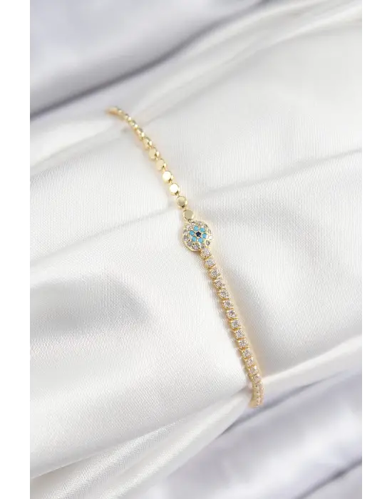 Pirinç Zirkon Taşlı Nazar Model Ezme Zincir Gold Renk Kadın Bileklik