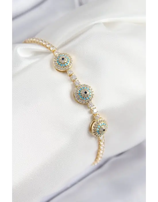 Pirinç Zirkon Taşlı Nazar Model Gold Renk Kadın Bileklik