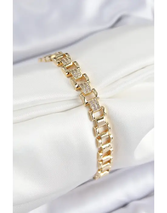 Pirinç Zirkon Taşlı Parçalı Model Gold Renk Kadın Bileklik