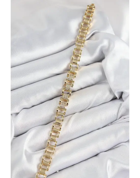 Pirinç Zirkon Taşlı Parçalı Model Gold Renk Kadın Bileklik