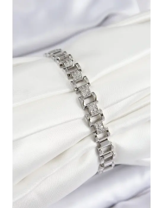 Pirinç Zirkon Taşlı Parçalı Model Gümüş Renk Kadın Bileklik