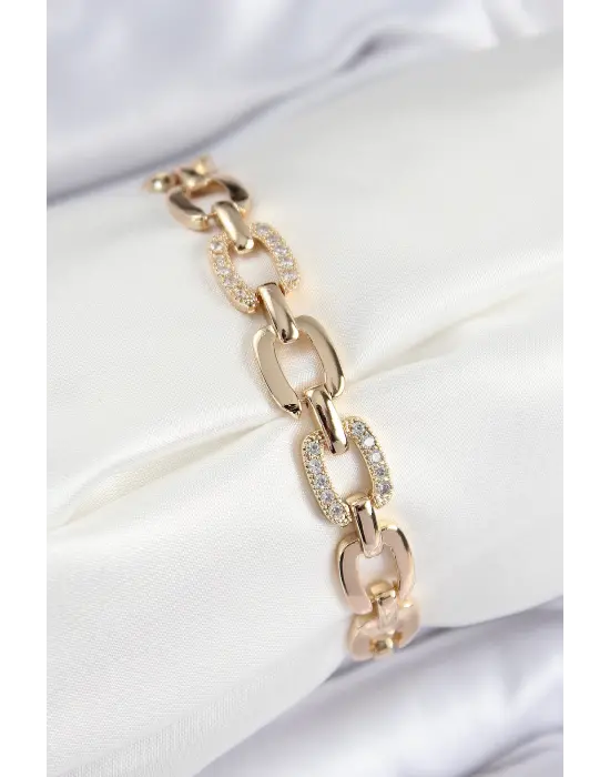 Pirinç Zirkon Taşlı Parçalı Zincir Model Gold Renk Kadın Bileklik