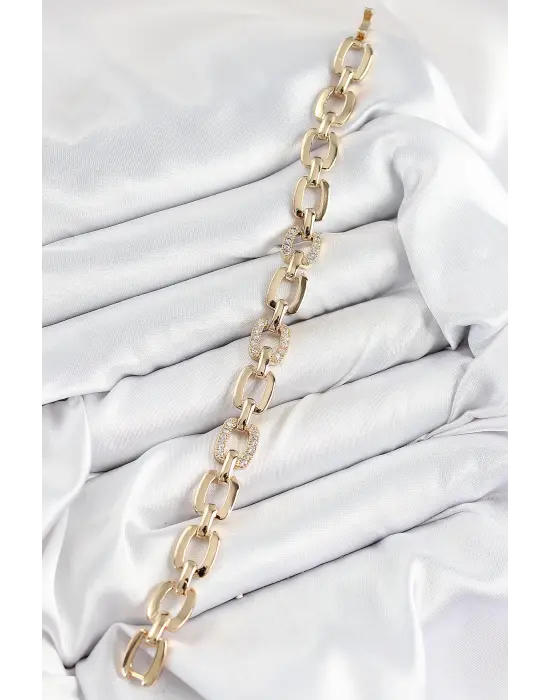 Pirinç Zirkon Taşlı Parçalı Zincir Model Gold Renk Kadın Bileklik