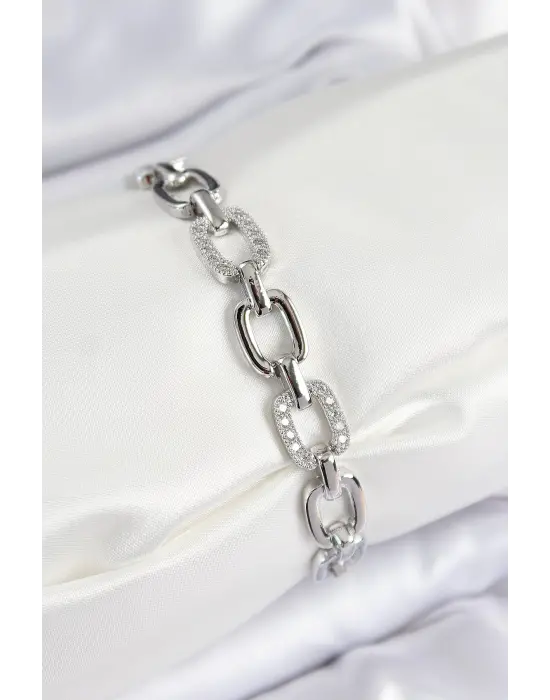 Pirinç Zirkon Taşlı Parçalı Zincir Model Gümüş Renk Kadın Bileklik
