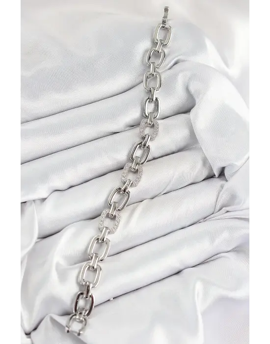 Pirinç Zirkon Taşlı Parçalı Zincir Model Gümüş Renk Kadın Bileklik