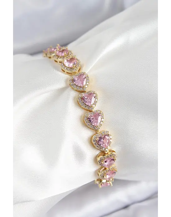 Pirinç Zirkon Taşlı Pembe Kalp Baget Model Gold Renk VIP Seri Kadın Bileklik