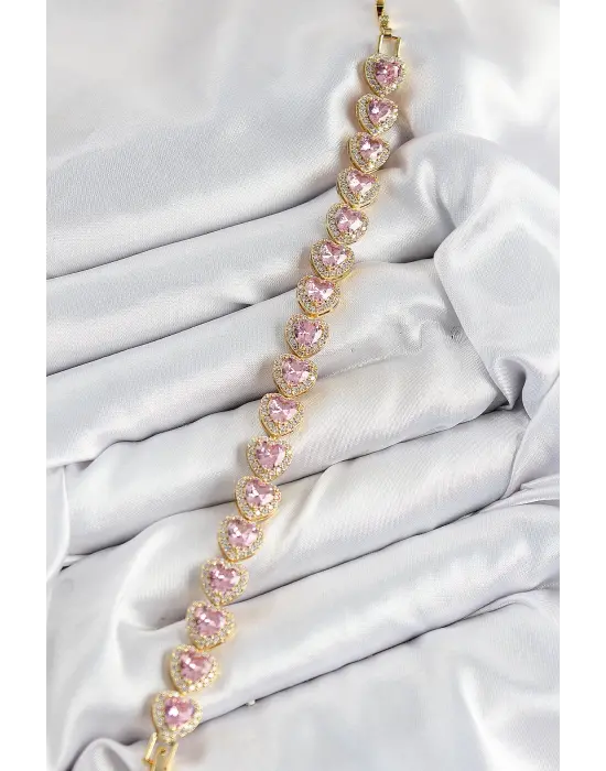 Pirinç Zirkon Taşlı Pembe Kalp Baget Model Gold Renk VIP Seri Kadın Bileklik