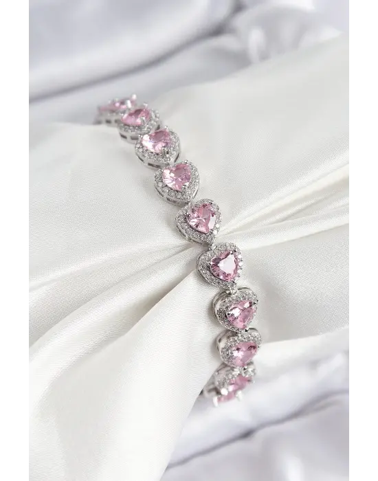 Pirinç Zirkon Taşlı Pembe Kalp Baget Model Gümüş Renk VIP Seri Kadın Bileklik