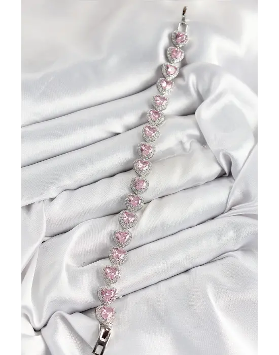 Pirinç Zirkon Taşlı Pembe Kalp Baget Model Gümüş Renk VIP Seri Kadın Bileklik