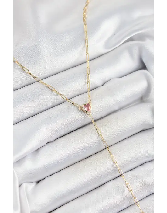 Pirinç Zirkon Taşlı Pembe Kalp Figürlü Y Model Gold Renk Kadın Kolye