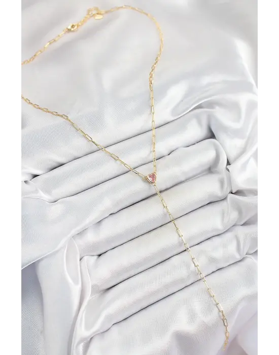 Pirinç Zirkon Taşlı Pembe Kalp Figürlü Y Model Gold Renk Kadın Kolye