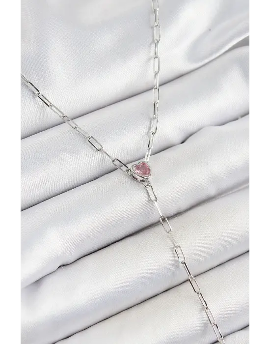 Pirinç Zirkon Taşlı Pembe Kalp Figürlü Y Model Gümüş Renk Kadın Kolye