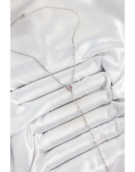 Pirinç Zirkon Taşlı Pembe Kalp Figürlü Y Model Gümüş Renk Kadın Kolye