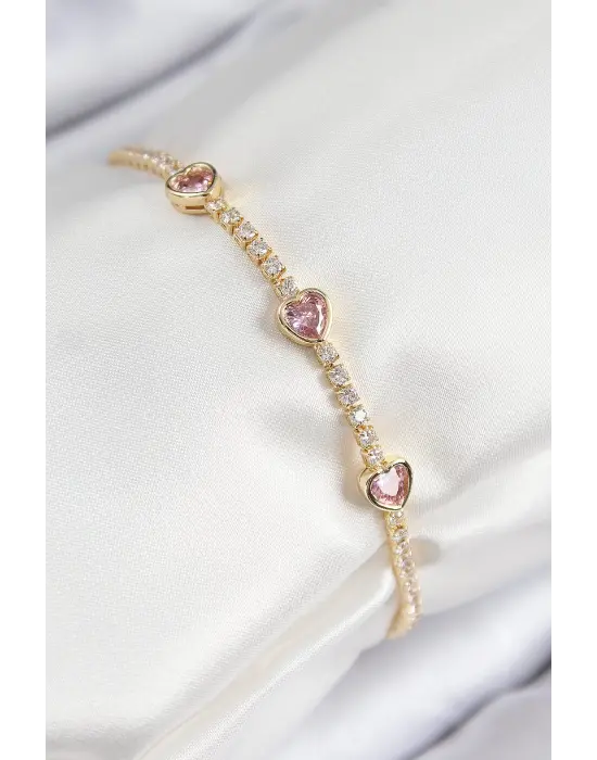 Pirinç Zirkon Taşlı Pembe Kalp Model Gold Renk Kadın Bileklik