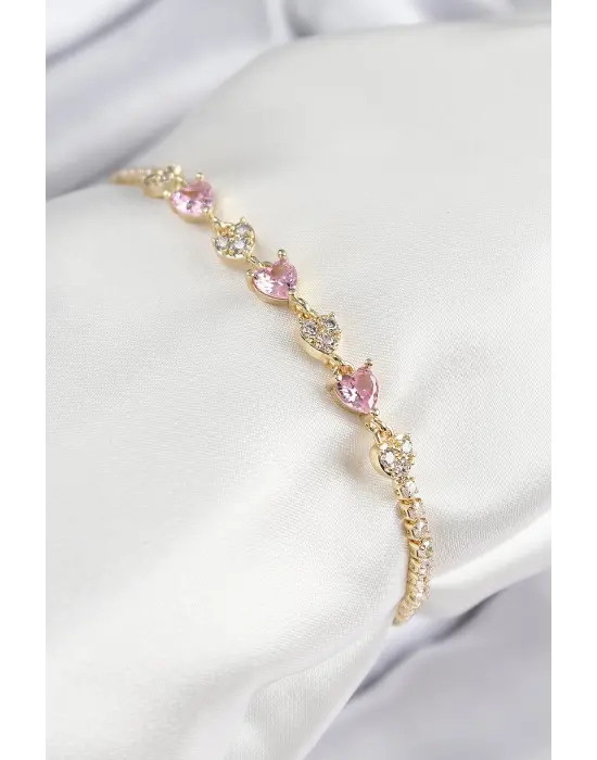 Pirinç Zirkon Taşlı Pembe Kalp Model Gold Renk Kadın Bileklik