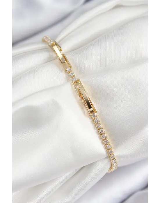 Pirinç Zirkon Taşlı Pembe Kalp Model Gold Renk Kadın Bileklik