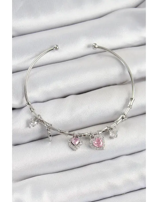 Pirinç Zirkon Taşlı Pembe Kalp Model Gümüş Renk Charm Bileklik