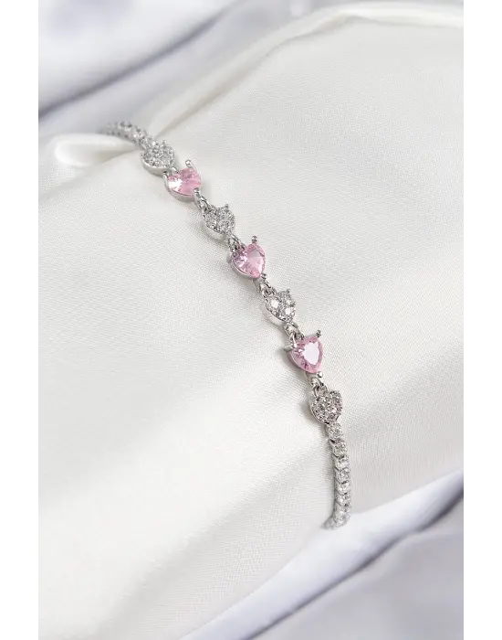 Pirinç Zirkon Taşlı Pembe Kalp Model Gümüş Renk Kadın Bileklik