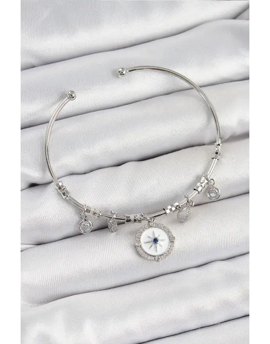 Pirinç Zirkon Taşlı Pusula Model Gümüş Renk Charm Bileklik