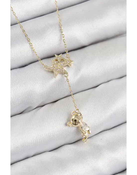 Pirinç Zirkon Taşlı Sallantılı Ayıcıklı Yıldız Model Gold Renk Kadın Kolye