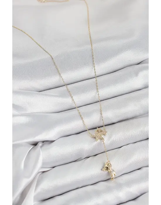 Pirinç Zirkon Taşlı Sallantılı Ayıcıklı Yıldız Model Gold Renk Kadın Kolye