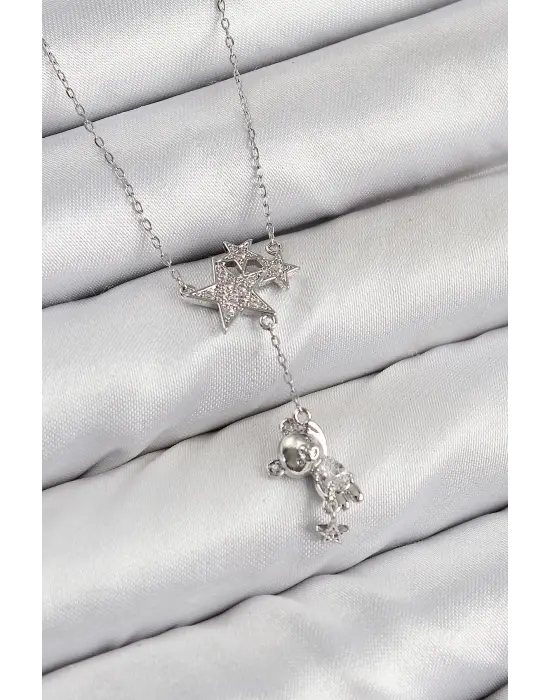 Pirinç Zirkon Taşlı Sallantılı Ayıcıklı Yıldız Model Gümüş Renk Kadın Kolye