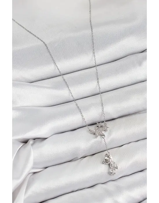 Pirinç Zirkon Taşlı Sallantılı Ayıcıklı Yıldız Model Gümüş Renk Kadın Kolye