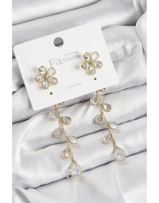 Pirinç Zirkon Taşlı Sallantılı Çiçek Model Gold Renk 925 Ayar Gümüş Çivi Kadın Küpe