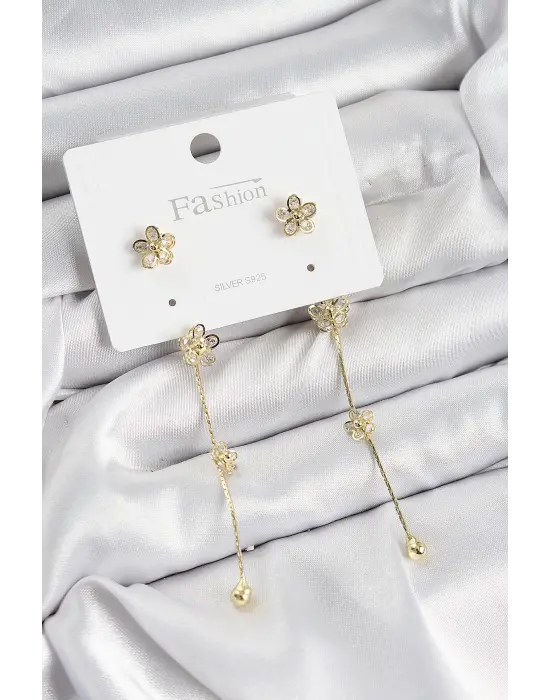 Pirinç Zirkon Taşlı Sallantılı Çiçek Model Gold Renk 925 Ayar Gümüş Çivi Kadın Küpe