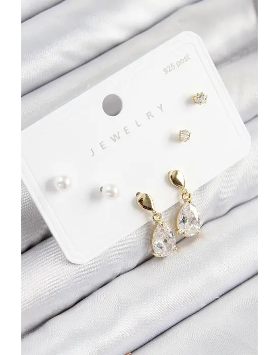 Pirinç Zirkon Taşlı Sallantılı Damla Model Gold Renk 925 Ayar Gümüş Çivi Kadın Küpe Set