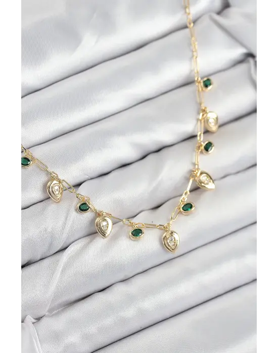 Pirinç Zirkon Taşlı Sallantılı Damla Model Gold Renk Kadın Kolye