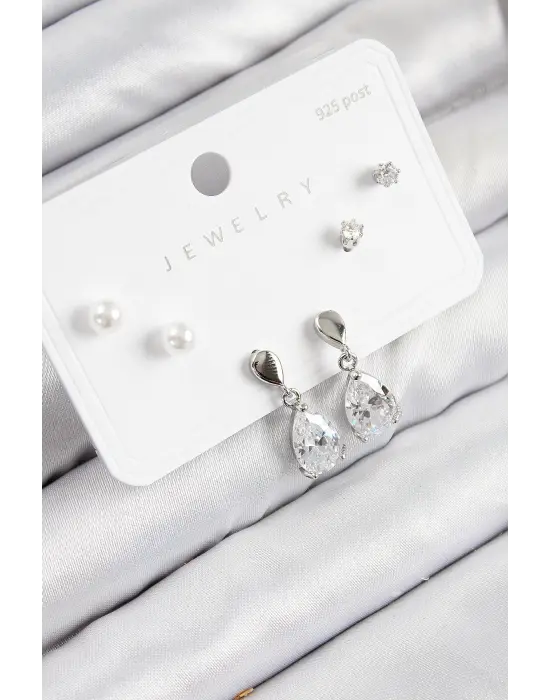 Pirinç Zirkon Taşlı Sallantılı Damla Model Gümüş Renk 925 Ayar Gümüş Çivi Kadın Küpe Set