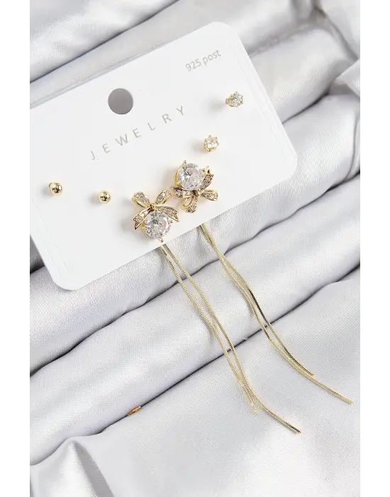 Pirinç Zirkon Taşlı Sallantılı Fiyonk Model Gold Renk 925 Ayar Gümüş Çivi Kadın Küpe Set