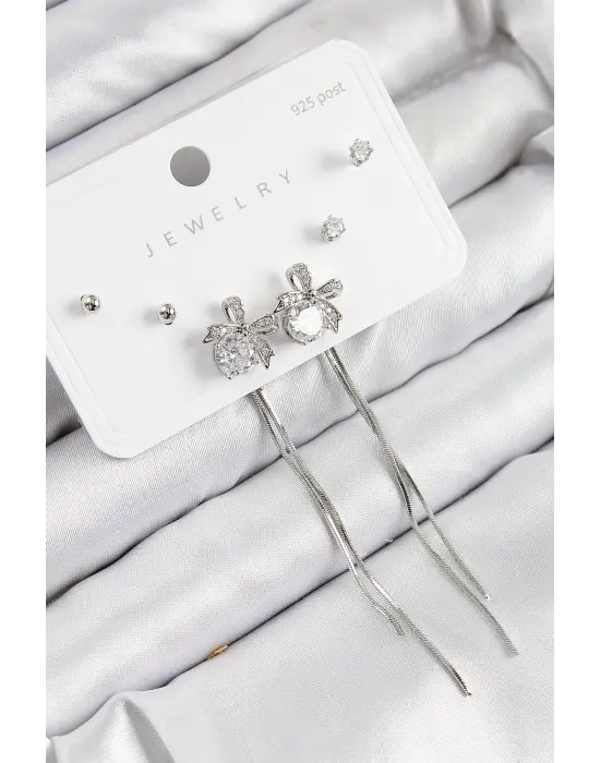 Pirinç Zirkon Taşlı Sallantılı Fiyonk Model Gümüş Renk 925 Ayar Gümüş Çivi Kadın Küpe Set