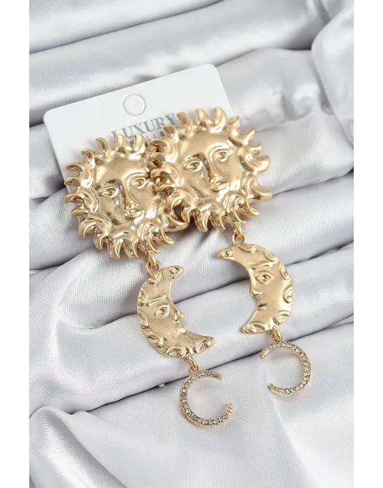Pirinç Zirkon Taşlı Sallantılı Güneş Model Gold Renk Kadın Küpe
