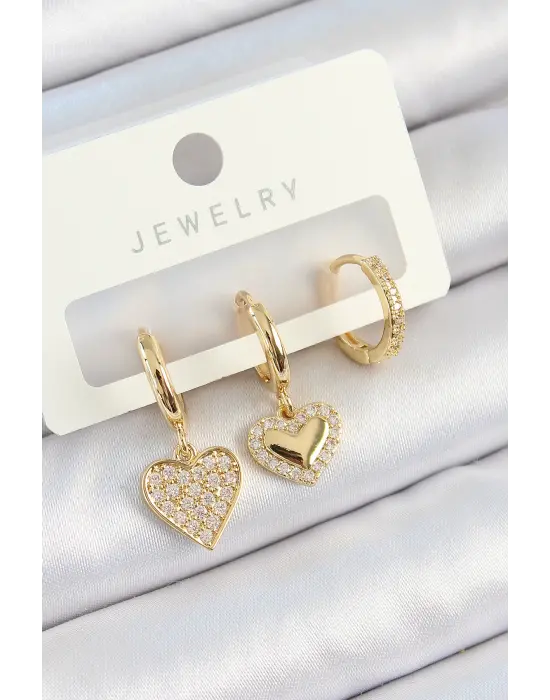Pirinç Zirkon Taşlı Sallantılı Kalp Model Gold Renk 3lü Çift Kadın Küpe Set
