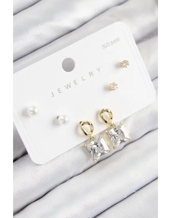 Pirinç Zirkon Taşlı Sallantılı Kare Model Gold Renk 925 Ayar Gümüş Çivi Kadın Küpe Set