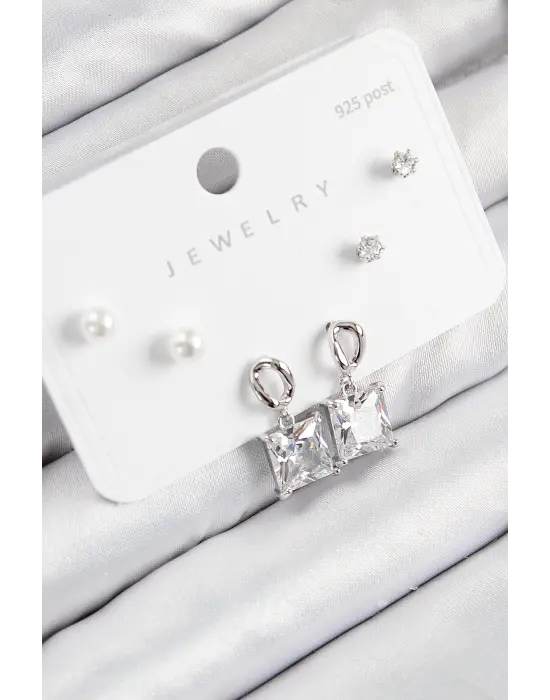 Pirinç Zirkon Taşlı Sallantılı Kare Model Gümüş Renk 925 Ayar Gümüş Çivi Kadın Küpe Set