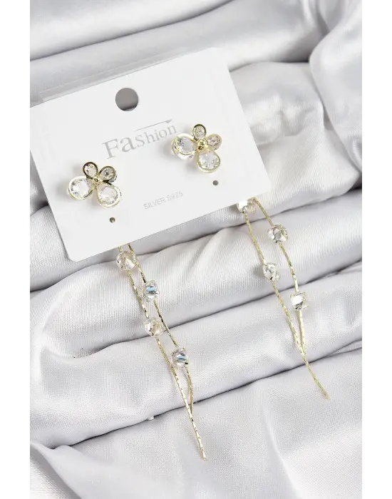 Pirinç Zirkon Taşlı Sallantılı Kelebek Model Gold Renk 925 Ayar Gümüş Çivi Kadın Küpe