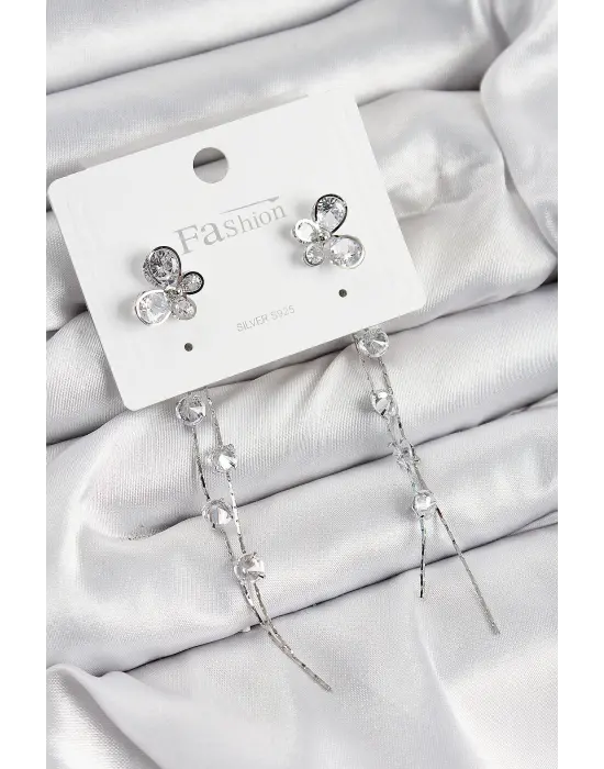 Pirinç Zirkon Taşlı Sallantılı Kelebek Model Gümüş Renk 925 Ayar Gümüş Çivi Kadın Küpe