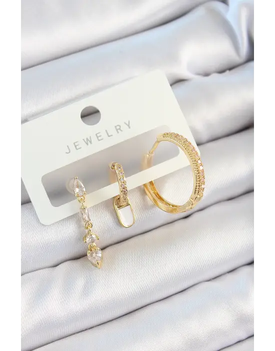 Pirinç Zirkon Taşlı Sallantılı Model Gold Renk 3lü Çift Kadın Küpe Set