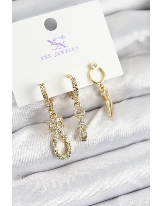 Pirinç Zİrkon Taşlı Sallantılı Model Gold Renk 3lü Kadın Küpe