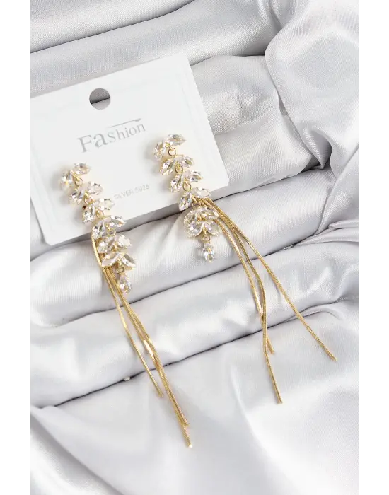 Pirinç Zirkon Taşlı Sallantılı Model Gold Renk 925 Ayar Gümüş Çivi Kadın Küpe