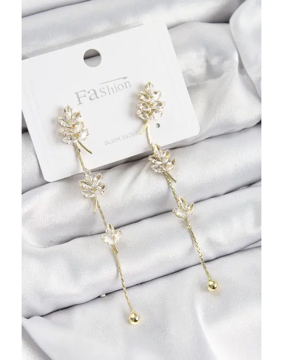 Pirinç Zirkon Taşlı Sallantılı  Model Gold Renk 925 Ayar Gümüş Çivi Kadın Küpe