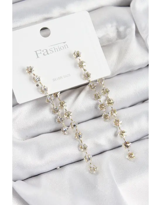 Pirinç Zirkon Taşlı Sallantılı  Model Gold Renk 925 Ayar Gümüş Çivi Kadın Küpe