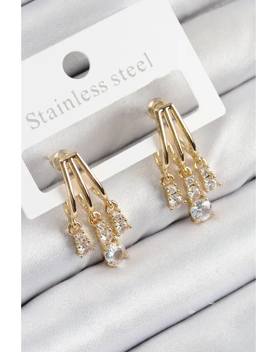 Pirinç Zirkon Taşlı Sallantılı Model Gold Renk Kadın Küpe