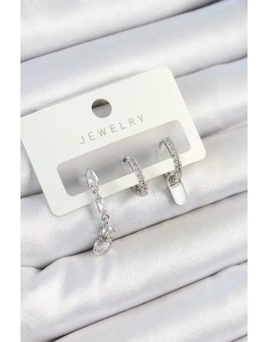 Pirinç Zirkon Taşlı Sallantılı Model Gümüş Renk 3lü Çift Kadın Küpe Set