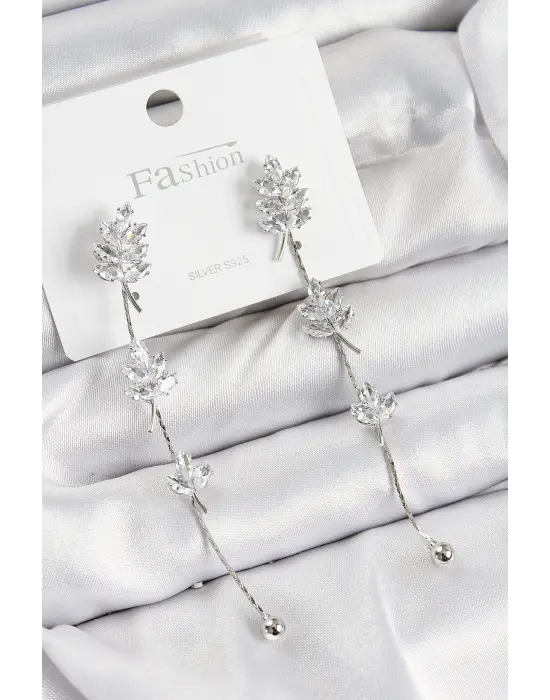 Pirinç Zirkon Taşlı Sallantılı  Model Gümüş Renk 925 Ayar Gümüş Çivi Kadın Küpe