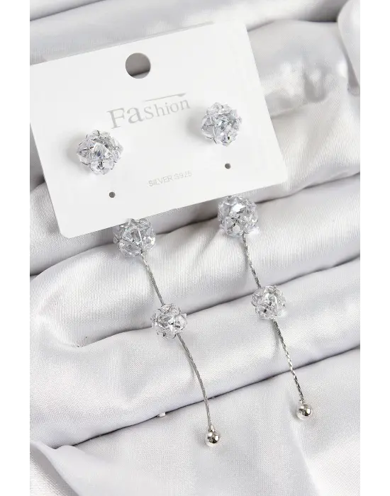 Pirinç Zirkon Taşlı Sallantılı  Model Gümüş Renk 925 Ayar Gümüş Çivi Kadın Küpe