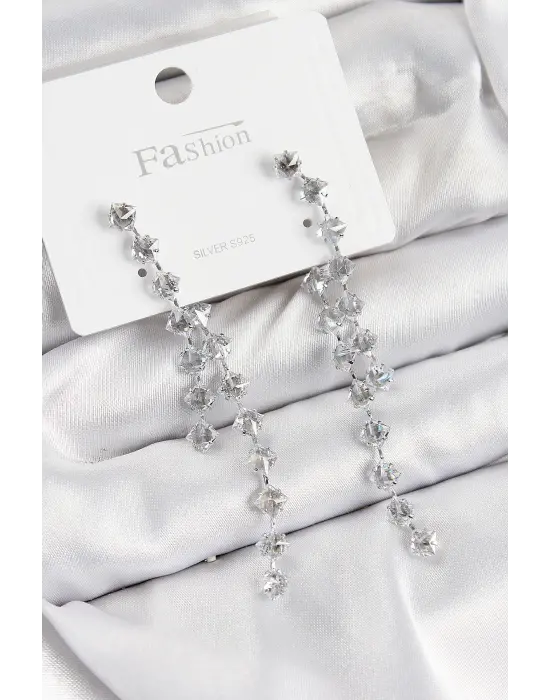 Pirinç Zirkon Taşlı Sallantılı  Model Gümüş Renk 925 Ayar Gümüş Çivi Kadın Küpe